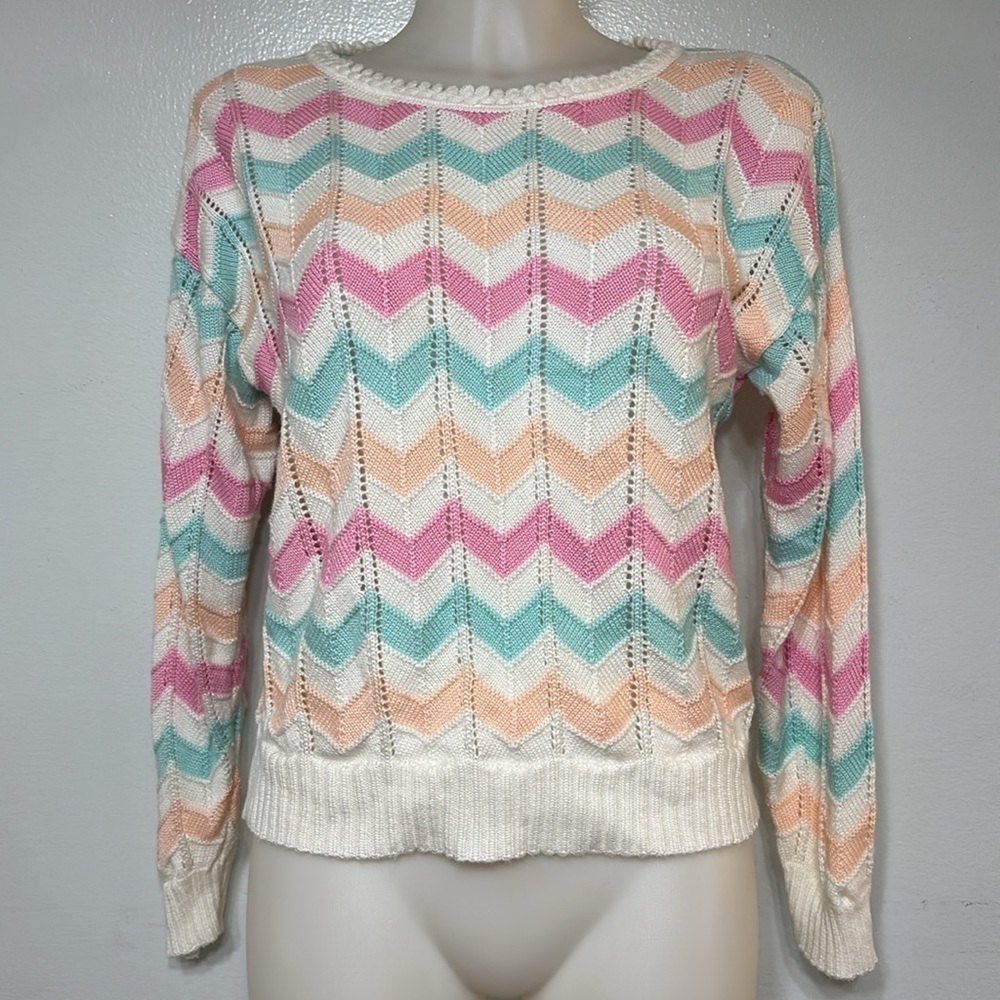 Jolie Women's Pastel Spring Easter Chevron Cropped Sweater Size S